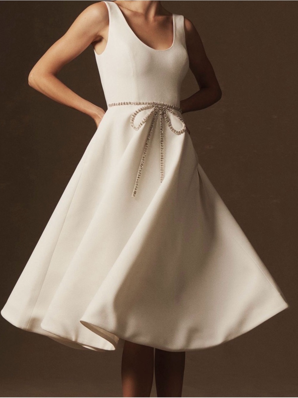 Elegant white Sleeveless A-Line Dress with Embellished Waist